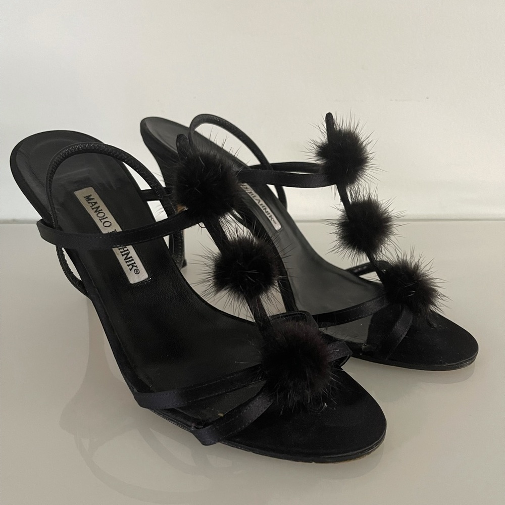 Manolo Blahnik Black Heels with Mink Balls - Picture 4 of 12